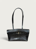 Borsa Reborn Nouvelle - Pelle stampa coccodrillo nera