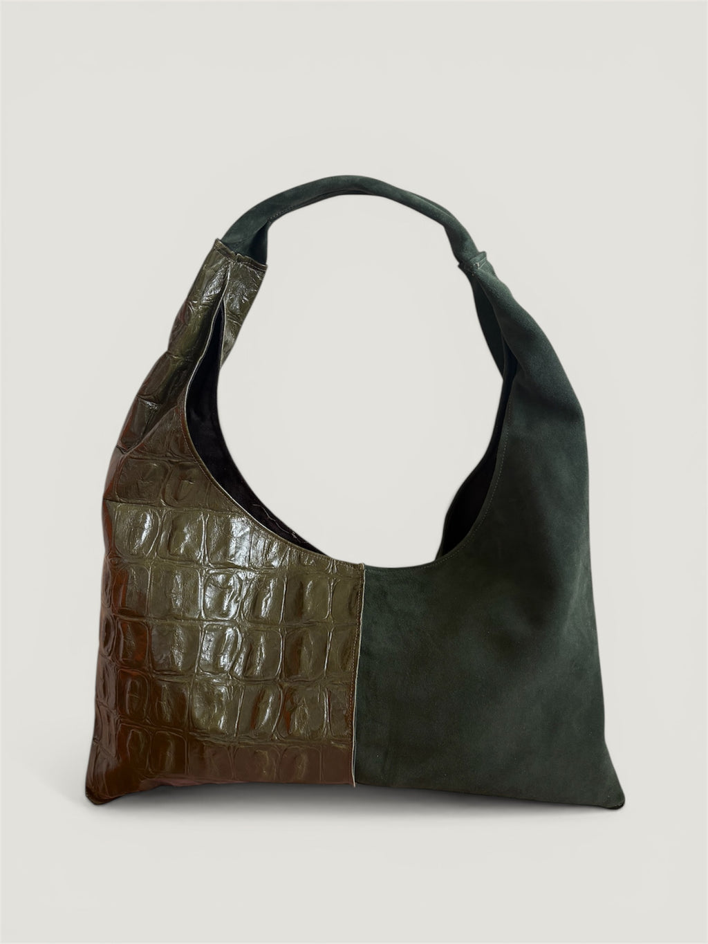 Borsa Reborn - pelle stampa cocco & camoscio verde scuro