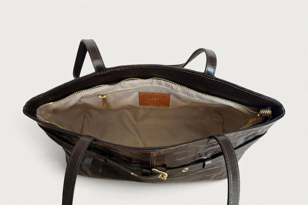Borsa Reborn Nouvelle - Pelle stampa coccodrillo marrone scuro