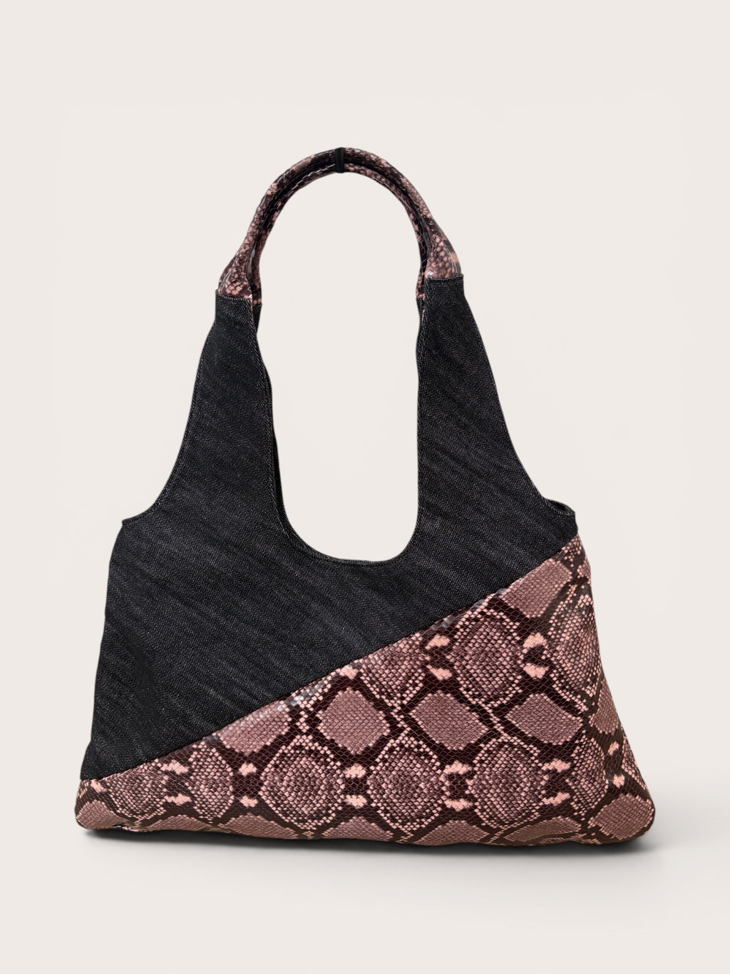 Borsa Reborn- Denim & pelle stampa pitonata rosa