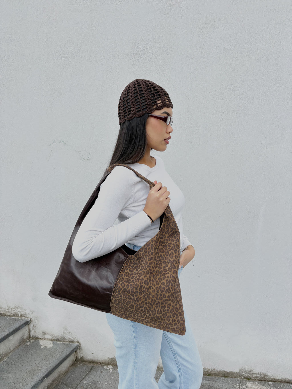 Borsa Reborn - pelle liscia marrone & pelle stampa leo chiara