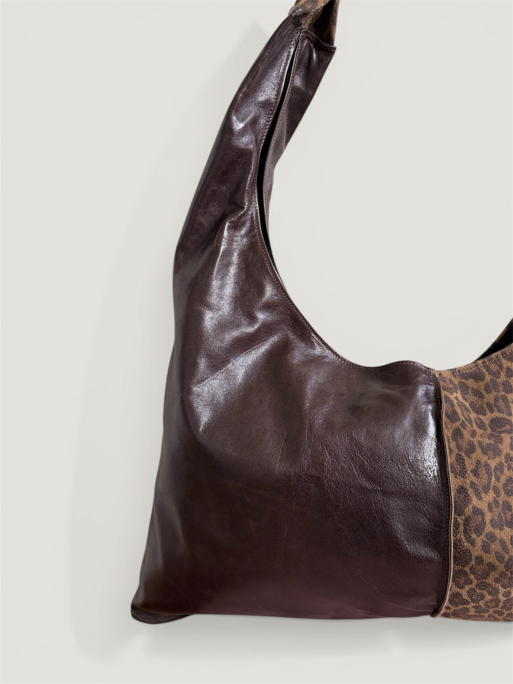 Borsa Reborn - pelle liscia marrone & pelle stampa leo chiara