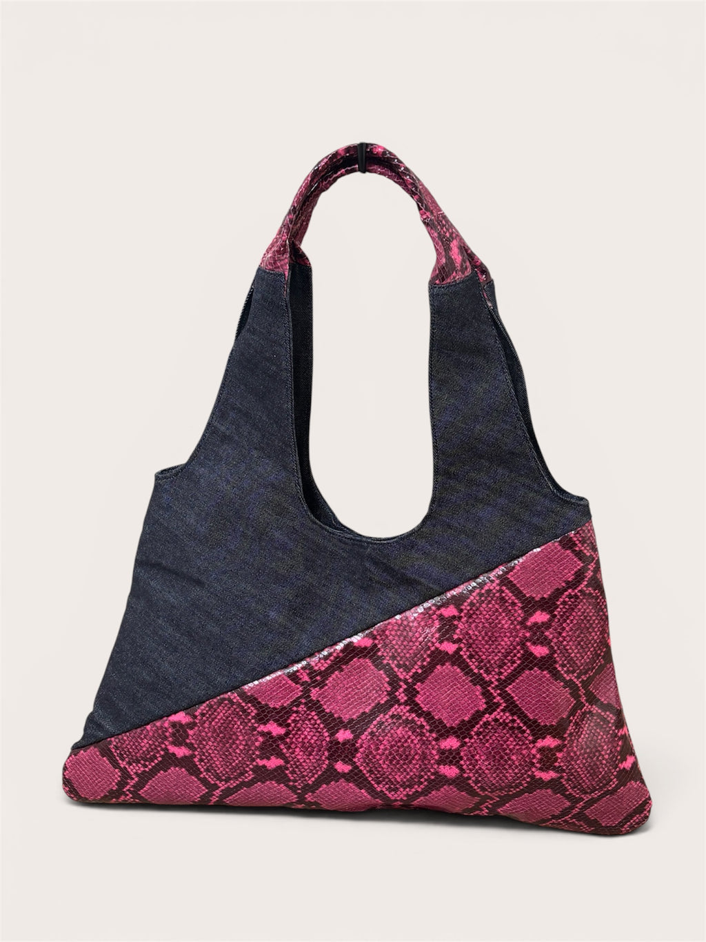 Borsa Reborn - Denim & pelle stampa pitonata fucsia