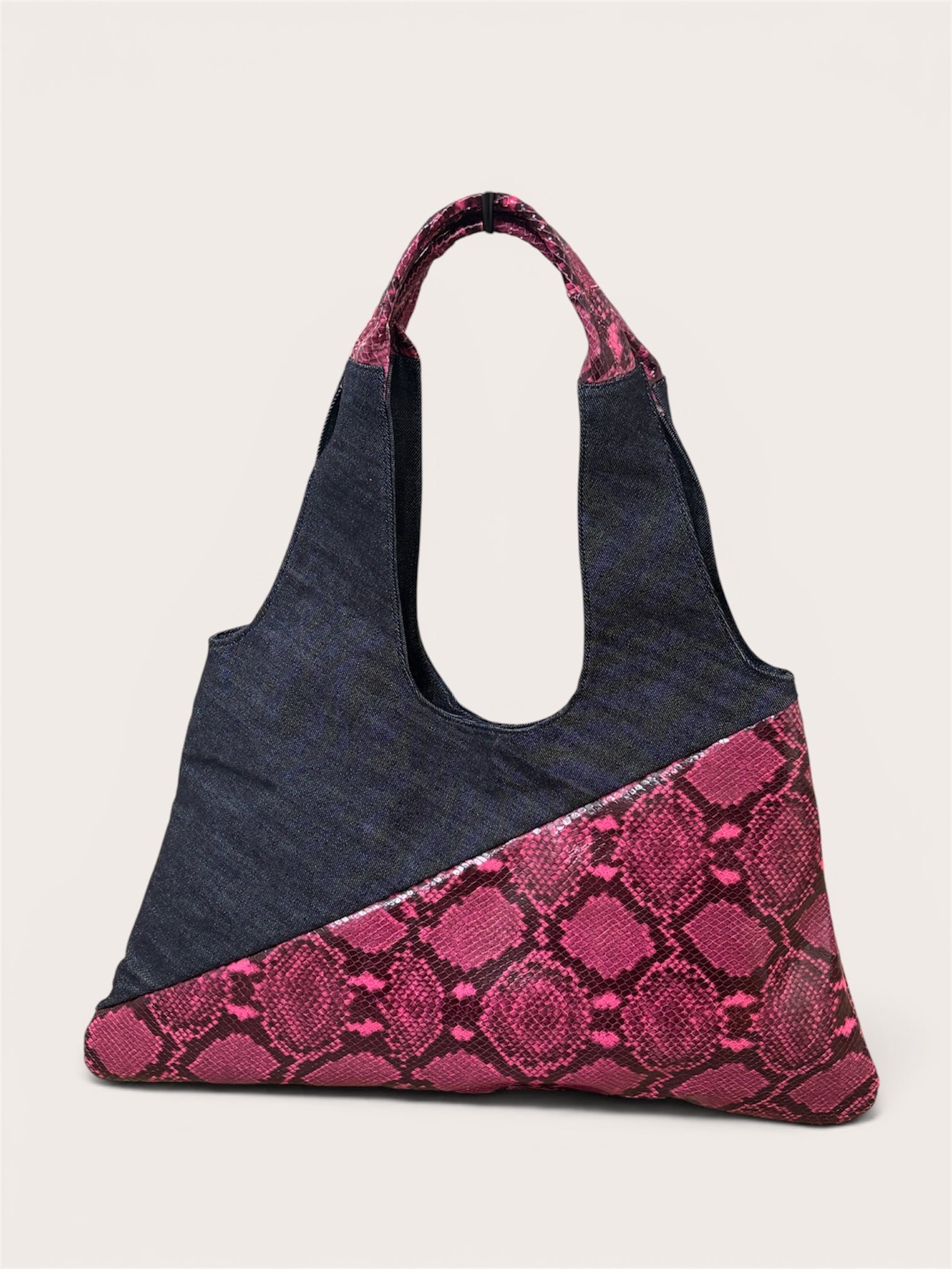 Borsa Reborn - Denim & pelle stampa pitonata fucsia