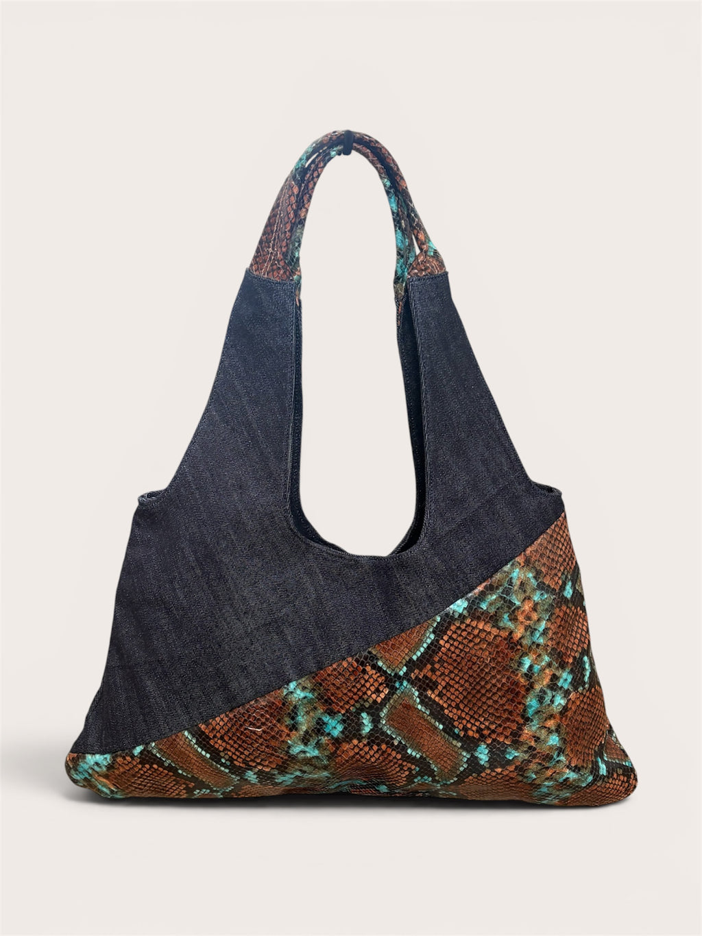 Borsa Reborn- Denim & pelle stampa pitonata turchese