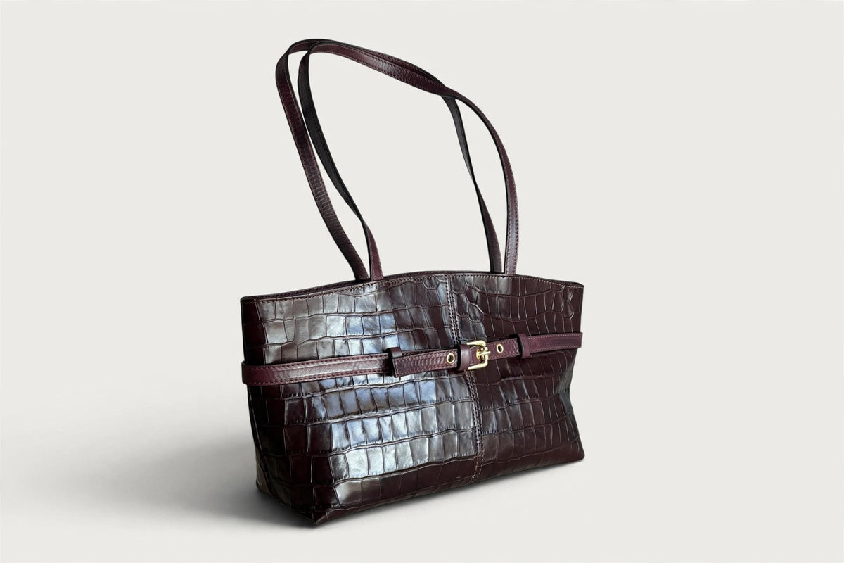 Borsa Reborn Nouvelle - Pelle stampa coccodrillo bordeaux