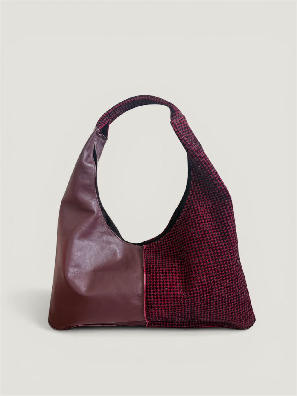 Borsa Reborn - pelle bordeaux & velluto stampato pied de poule