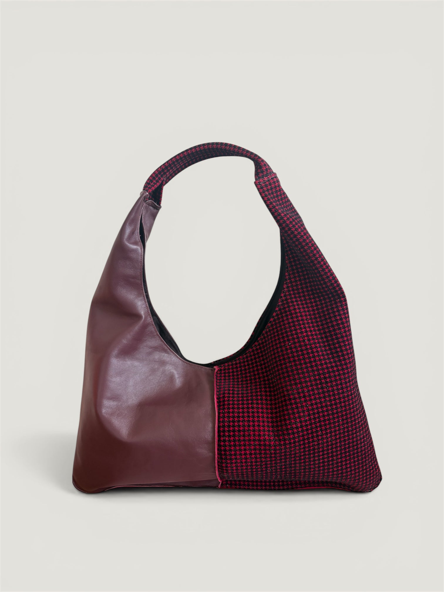 Borsa Reborn - pelle bordeaux & velluto stampato pied de poule