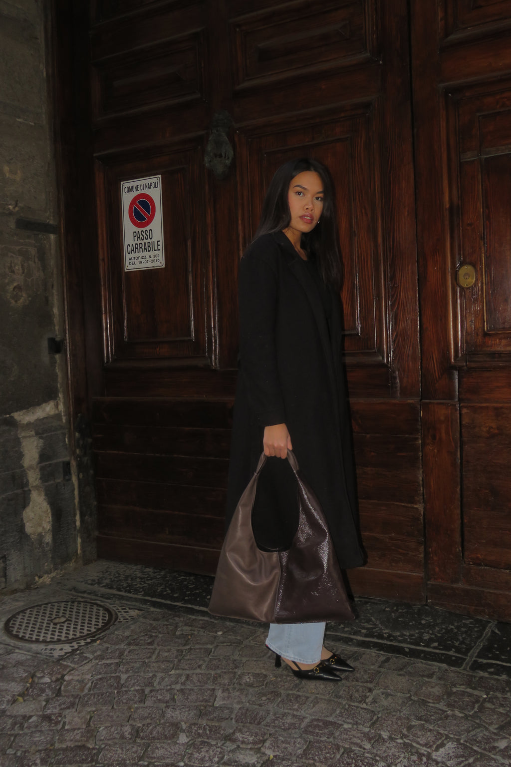 Borsa "Reborn" pelle tortora & pelle lucida tortora