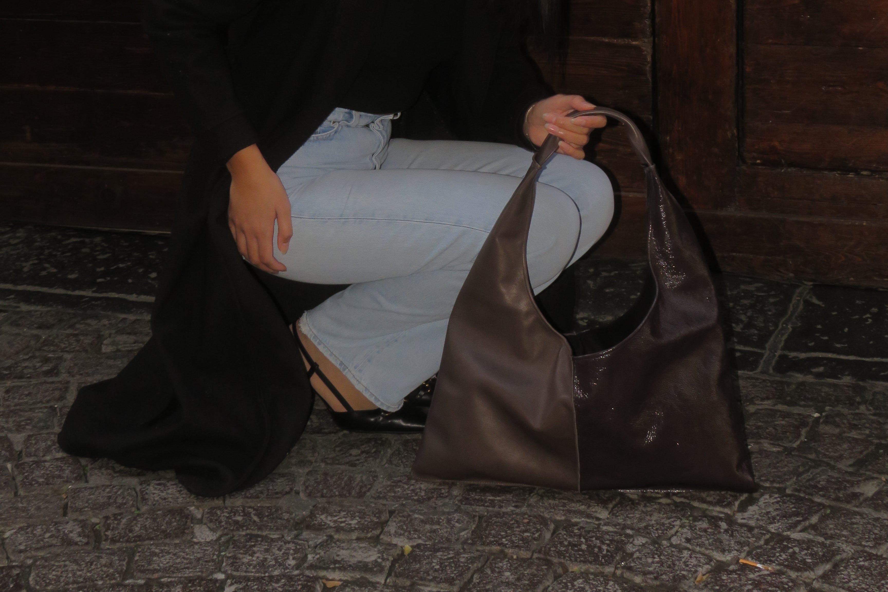 Borsa "Reborn" pelle tortora & pelle lucida tortora