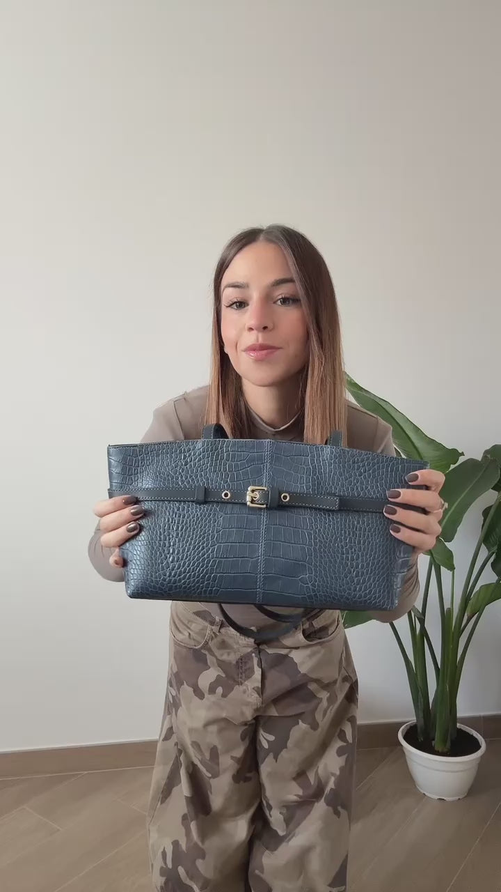 Borsa Reborn Nouvelle - Pelle stampa coccodrillo blu
