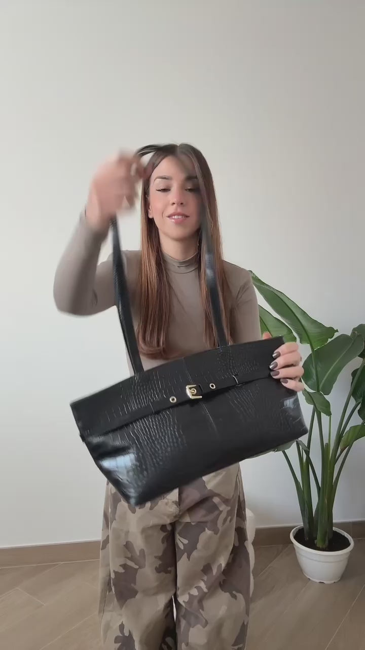 Borsa Reborn Nouvelle - Pelle stampa coccodrillo nera