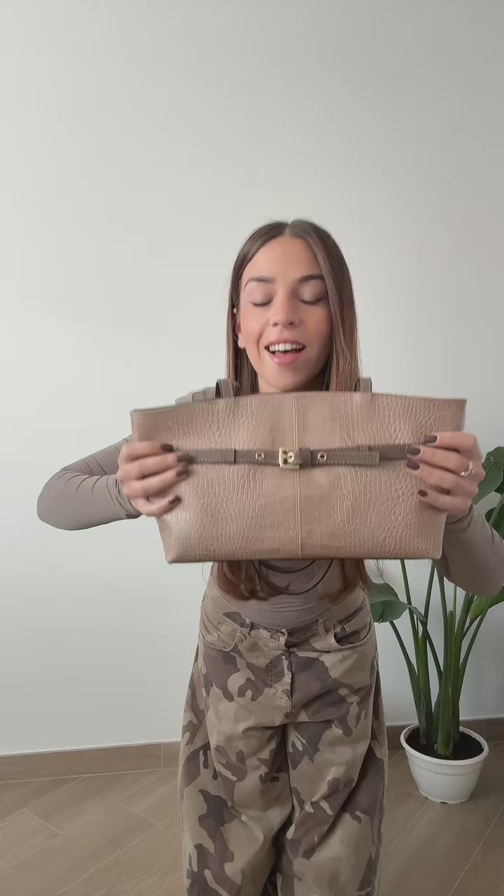 Borsa Reborn Nouvelle- Pelle stampa coccodrillo beige
